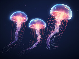 Glowing jellyfish on black background,created with Generative AI tecnology.
