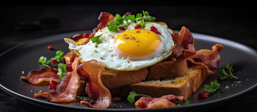 Bread with bacon and eggs on a plate