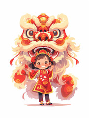 Chinese new year lion dance girl illustration,created with Generative AI tecnology.