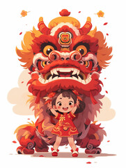 Chinese new year lion dance girl illustration,created with Generative AI tecnology.