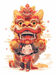 Obraz na płótnie Canvas Chinese new year lion dance girl illustration,created with Generative AI tecnology.