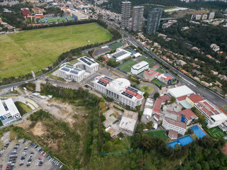 View of La Mexicana park in Santa Fe, Mexico City, from a descending drone 