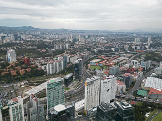 View of La Mexicana park in Santa Fe, Mexico City, from a descending drone 