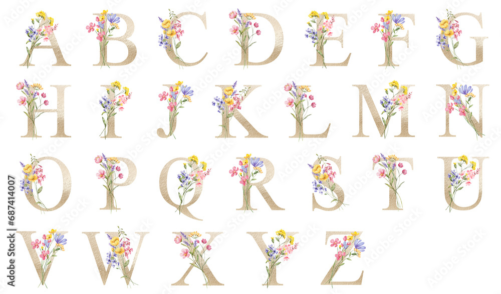 Wall mural Gold letters set, floral alphabet with watercolor flowers and leaf. Monogram initials perfectly for wedding invitation, greeting card, logo, poster. Holiday decoration hand painting. - Wall murals