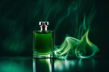 green smoke perfume bottle presentation mockup , toxic smoky background