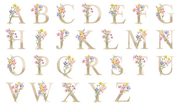 Gold letters set, floral alphabet with watercolor flowers and leaf. Monogram initials perfectly for wedding invitation, greeting card, logo, poster. Holiday decoration hand painting.