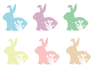 Easter colorful rabbits with white flowers, spring festive icon set to decorate walls, table, nursery, windows, doors etc.