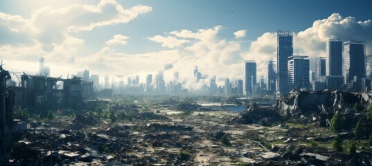 Apocalypse wasteland city background. Destroyed city buildings. Generative AI technology.