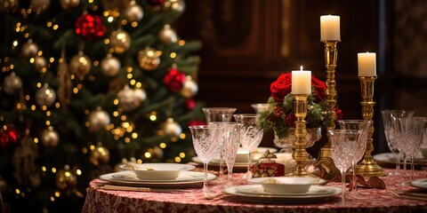 Festive table setting with plates, candles and floral bouquet. Table set for banquet in luxury restaurant.