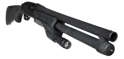 Black pump action shotgun for self defense with a weaponlight.