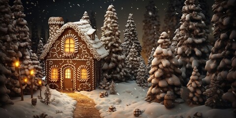 A christmas scene with a gingerbread house in fairy tale dark winter forest. - obrazy, fototapety, plakaty