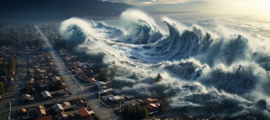 Tsunami waves hit the city. Nature disaster. Generative AI technology. - obrazy, fototapety, plakaty
