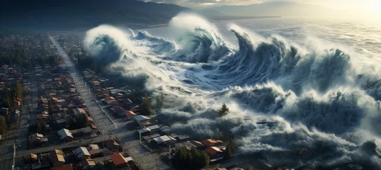  Tsunami waves hit the city. Nature disaster. Generative AI technology. © Hero Design