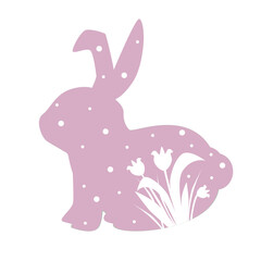 Pink easter bunny with white flowers, spring festive illustration set to decorate walls, table, nursery, windows, doors etc.	