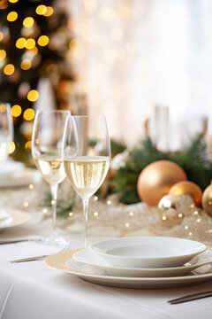 Christmas dinner table setting. Christmas day meal with white and gold colours