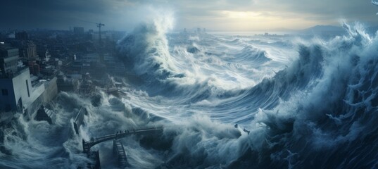Tsunami hit the city. Nature disaster. Generative AI technology.	
 - obrazy, fototapety, plakaty