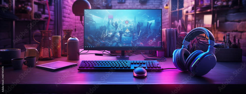 Poster wide gaming console table image with colorful neon busy room background and pc computer screens with