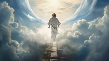 Resurrection of Jesus Christ depiction of a figure symbolizing hope and divinity, ascending towards the heavens amidst a backdrop of radiant clouds.