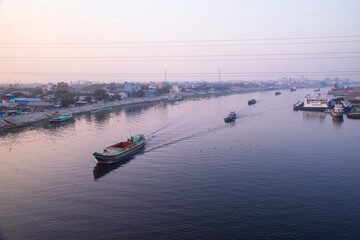 Aerial view Landscape of Sand bulkheads ships with Industrial zone in Sitalakhya River, Narayanganj, Bangladesh