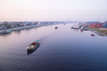 Aerial view Landscape of Sand bulkheads ships with Industrial zone in Sitalakhya River, Narayanganj, Bangladesh