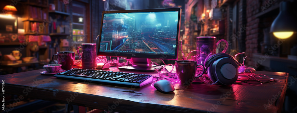 Poster wide gaming console table image with colorful neon busy room background and pc computer screens with
