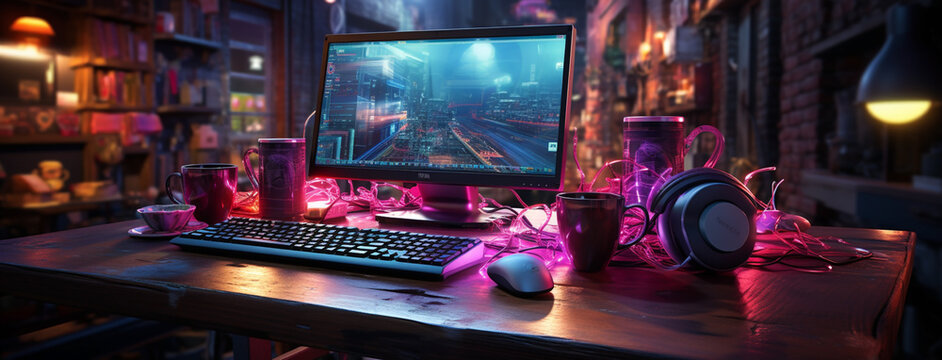 Wide gaming console table image with colorful neon busy room background and pc computer screens with headphones and accessories around