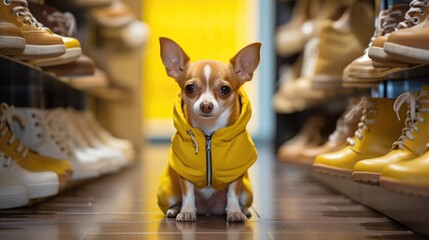 A small chihuahua dog wearing a yellow hoody in a store. Generative AI. - Powered by Adobe