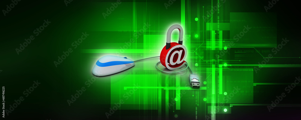 Poster 3d rendering e-mail symbol protection lock connected mouse. internet security concept