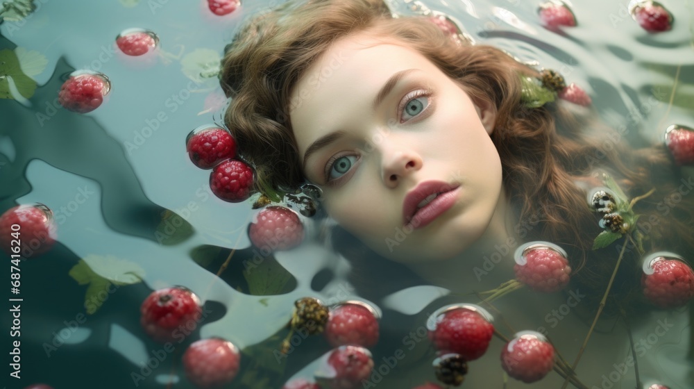 Poster a woman is floating in a pool of raspberries. generative ai.