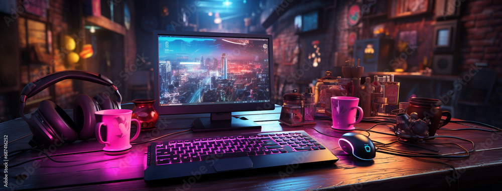 Poster wide gaming console table image with colorful neon busy room background and pc computer screens with