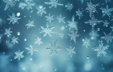 Fototapeta na wymiar Snowflakes falling from the sky on a blue background. Generative AI.