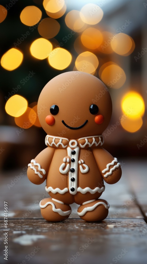 Canvas Prints A cute cartoon gingerbread man stands in front of a Christmas tree, spreading holiday cheer. Generative AI.