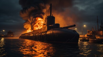 Burning naval vessel in the port. AI