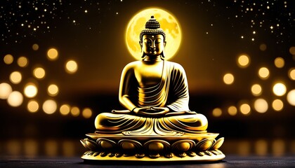 Golden buddha statue at full moon with bokeh lights background.