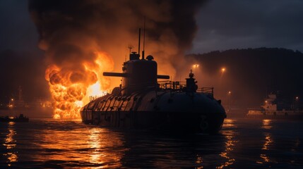 Burning naval vessel in the port. AI