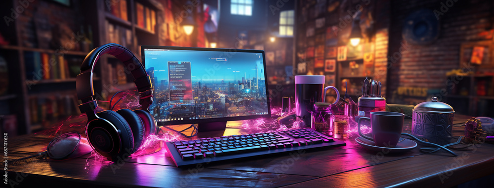 Poster wide gaming console table image with colorful neon busy room background and pc computer screens with