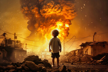 Obraz premium A small child against the background of an explosion and fire. War. A child looks at the fire and destruction of his house.