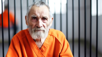 An elderly criminal in an orange uniform sits on a prison bed and thinks about freedom. A guilty prisoner in a pre-trial detention center or correctional facility. - obrazy, fototapety, plakaty
