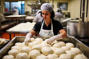 Photo of a woman cooking in a kitchen. Industrial cheese production plant. Modern technologies. Production of different types of cheese at the factory.