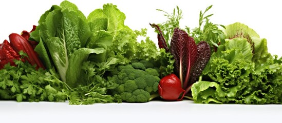 isolated white space of nature, a background of vibrant leaves in all shades of green provides the perfect backdrop for the colorful display of red Asian vegetables, their vibrant hue contrasting