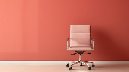 minimalist interior design with office chair in front of light red wall