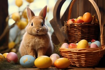 The bunny is sitting near a basket of easter eggs, Generative AI