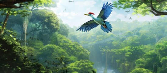 lush green forest, against a backdrop of towering trees, a vibrant tropical bird with colorful plumage soars across the blue sky, while a white Asian animal peacefully grazes below, surrounded by the
