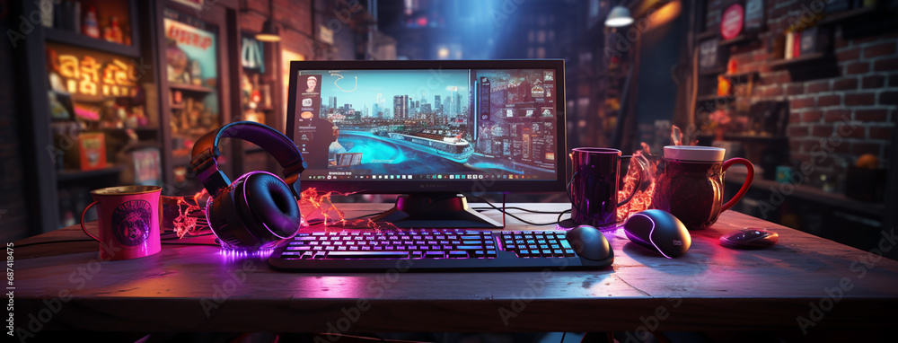 Poster wide gaming console table image with colorful neon busy room background and pc computer screens with