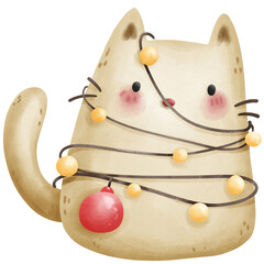 Hand drawn watercolor merry Christmas cat.  New year greeting decoration.