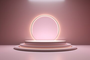 Beauty product photo background: smooth round glowing oval podium in professional studio light on pink background, negative space. Template mock-up