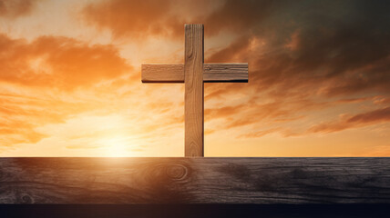 Wooden catholic orthodox wooden cross on a hill on a road sunset second coming background om the...