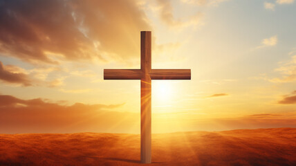 Wooden catholic orthodox wooden cross on a hill on a road sunset second coming background om the sun light. 