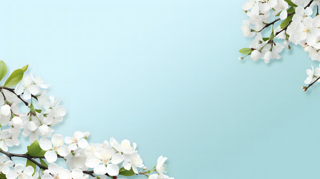spring border background with white blossom copy space.