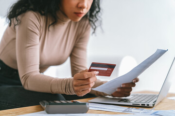 Stressed young woman has financial problems with credit card debt to pay crucial show concept of bad personal money and mortgage pay management crisis. - obrazy, fototapety, plakaty